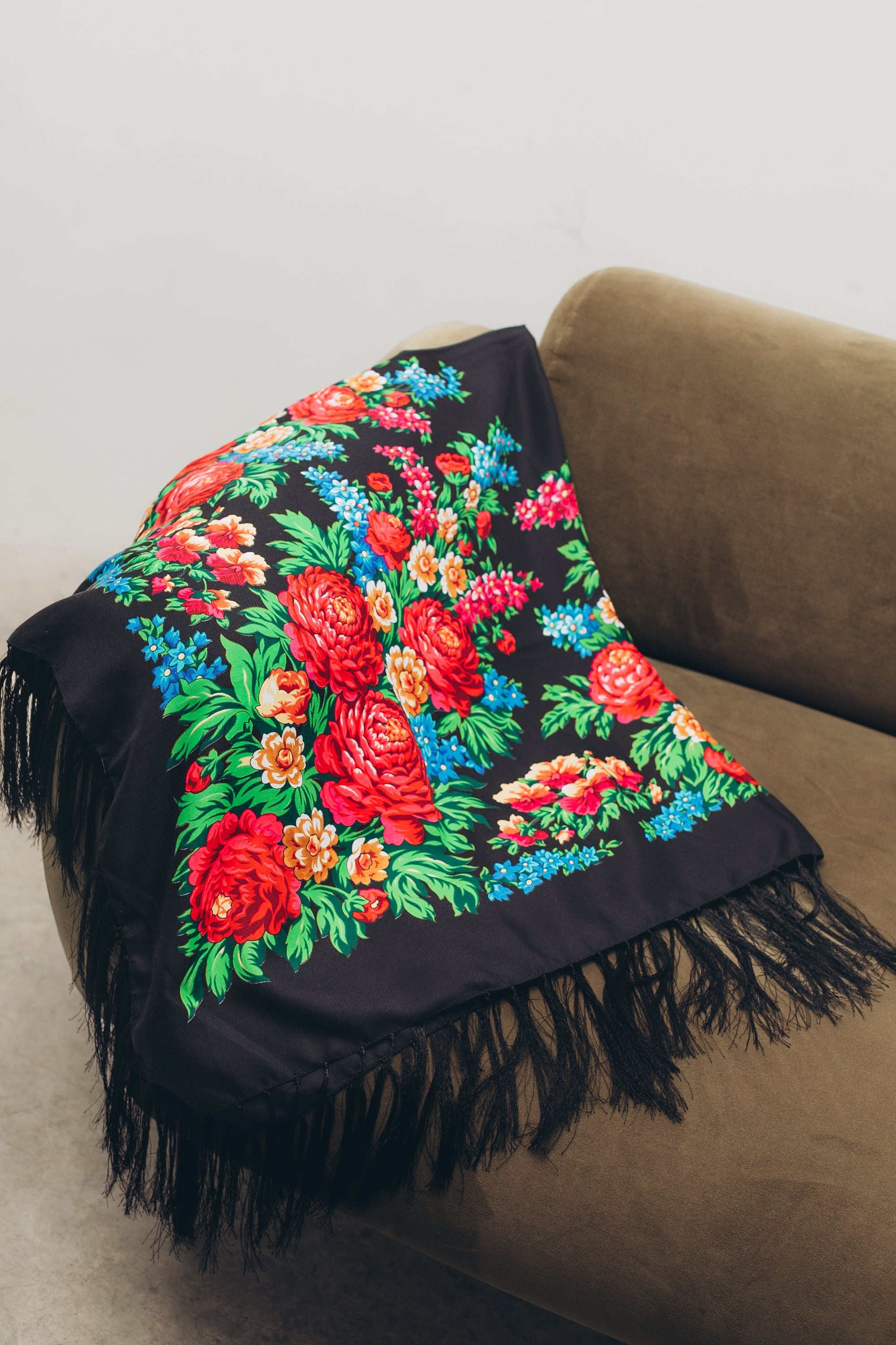 Black Wool Shawl with Slavic Embroidery - Ukrainian Floral Embroidered Shawl, Ethnic Wool Scarf, Perfect Gift for Women, Mom, or Girl