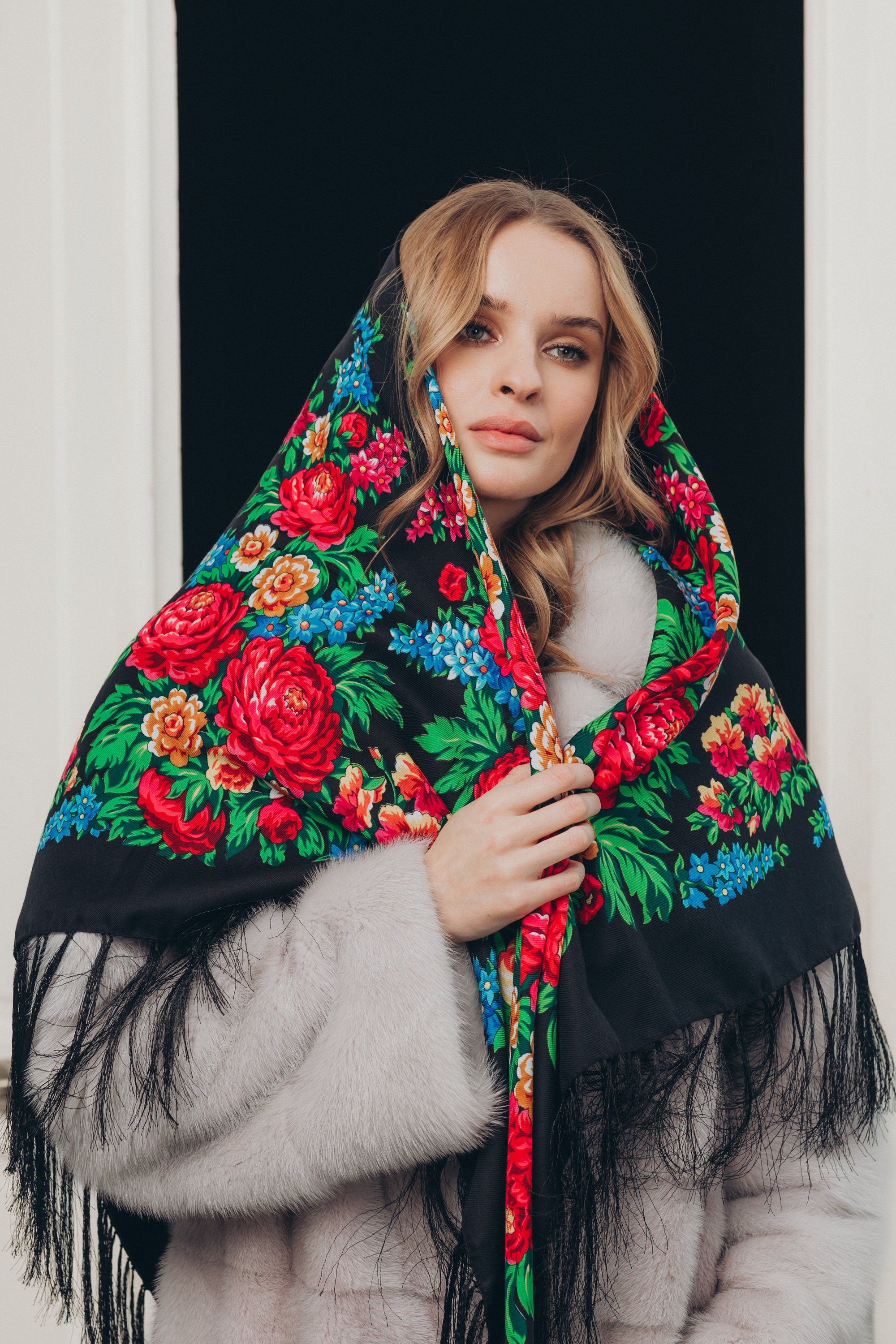 Black Wool Shawl with Slavic Embroidery - Ukrainian Floral Embroidered Shawl, Ethnic Wool Scarf, Perfect Gift for Women, Mom, or Girl