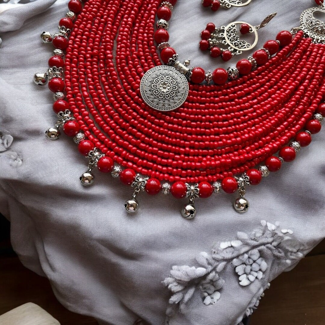 Ukrainian Traditional Coral Necklace | Multi-Row Ethnic Glass Bead Jewelry for Women