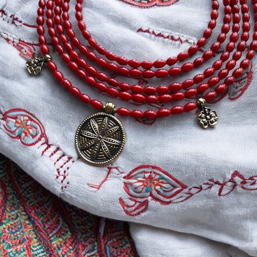 2025 Handmade Red Ukrainian Traditional Multirow Coral Necklace - Ethnic Jewelry for Women