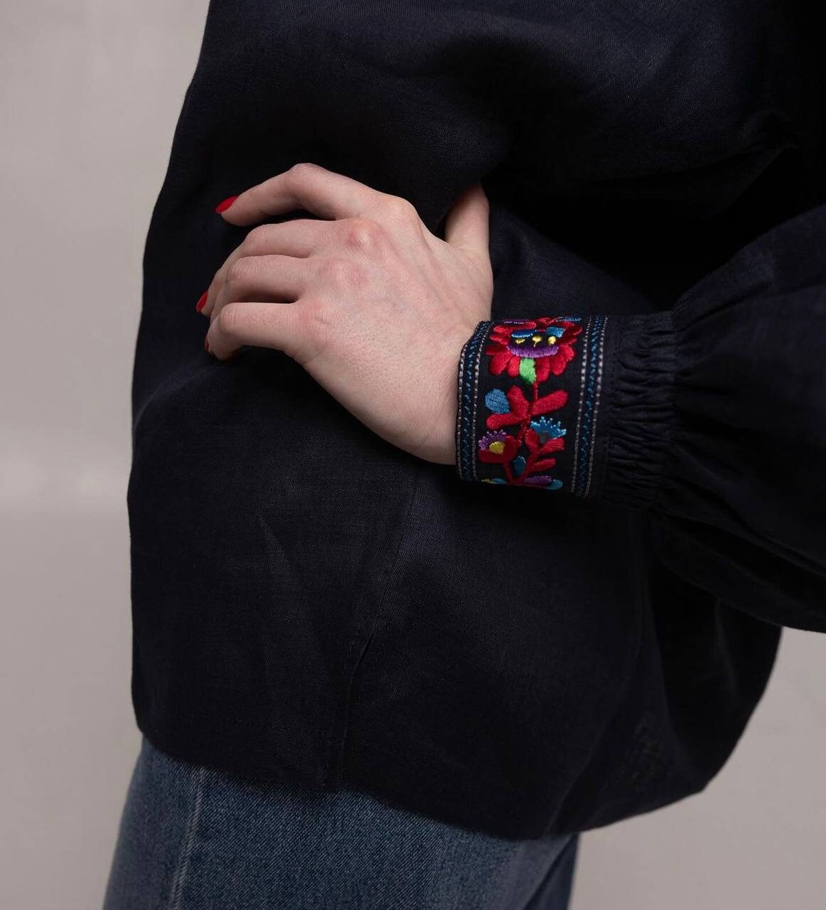 Dark Blue Embroidered Ukrainian Vyshyvanka Blouse - Bohemian Ethnic Shirt