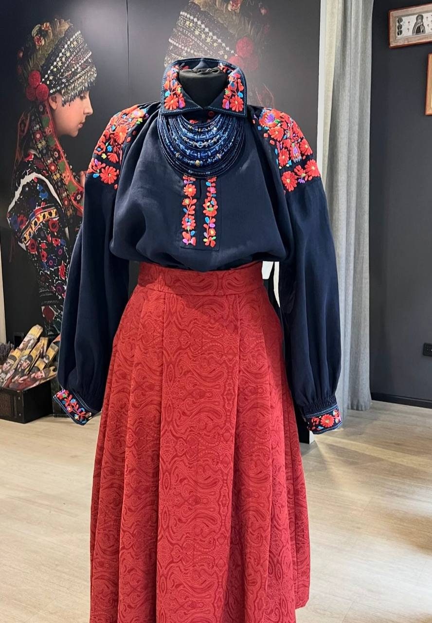 Dark Blue Embroidered Ukrainian Vyshyvanka Blouse - Bohemian Ethnic Shirt
