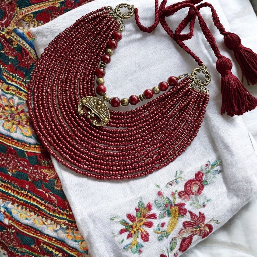 Handmade Red Ukrainian Lunnitsa Necklace | Ethnic Beaded Jewelry & Folk Art Accessory