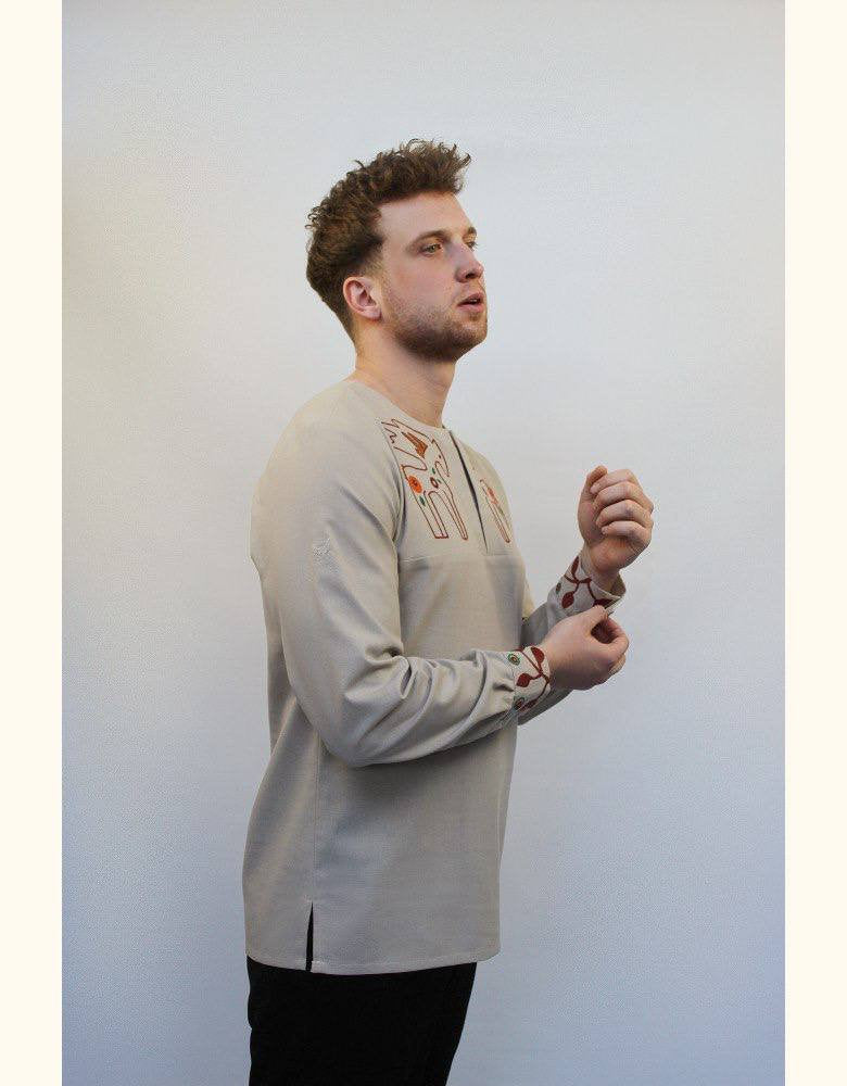 2025 Beige Linen Men's Embroidered Vyshyvanka Shirt