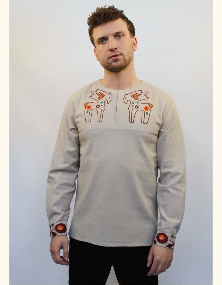2025 Beige Linen Men's Embroidered Vyshyvanka Shirt