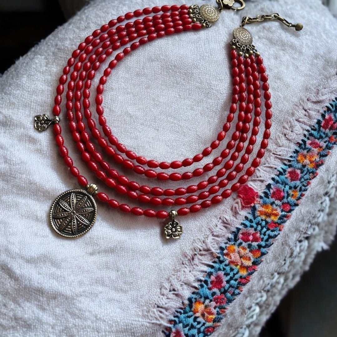 2025 Handmade Red Ukrainian Traditional Multirow Coral Necklace - Ethnic Jewelry for Women