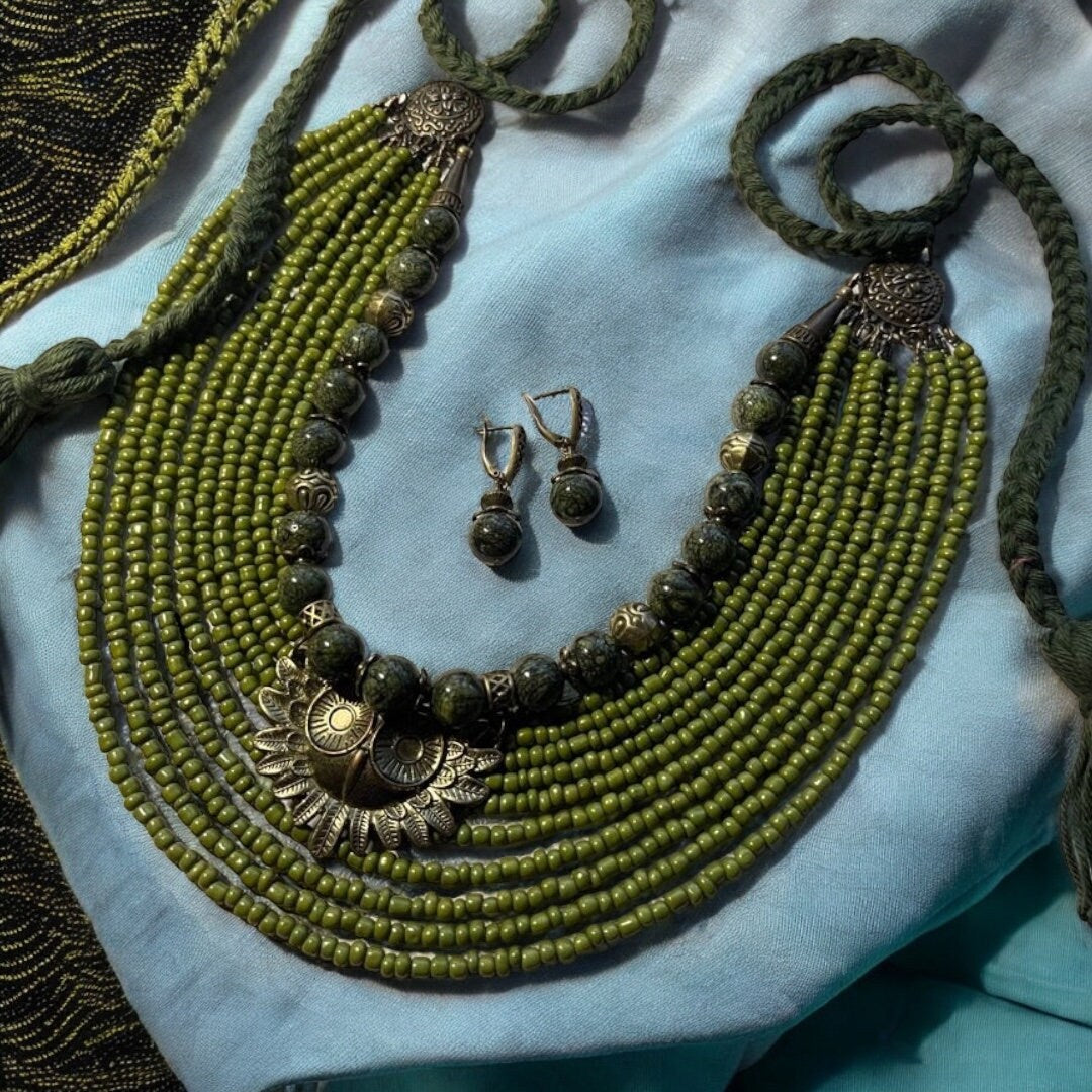Ukrainian Folk Necklace with Glass Beads and Metal Owl Pendant - Authentic Ethnic Jewelry