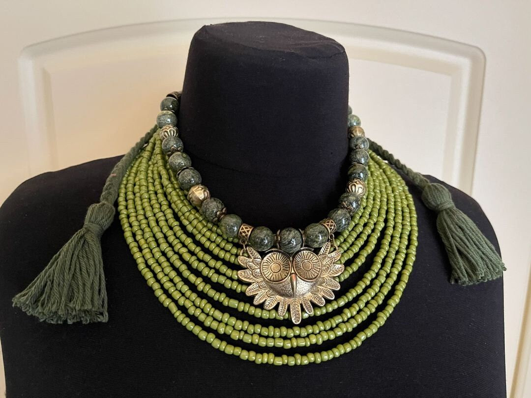 Ukrainian Folk Necklace with Glass Beads and Metal Owl Pendant - Authentic Ethnic Jewelry