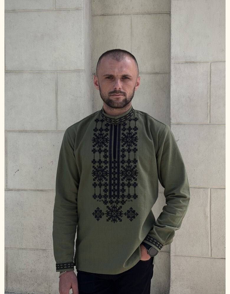 Khaki Embroidered Shirt Ukrainian Vyshyvanka Men's shirt Ukrainian Traditional vyshyvanka shirt Ethnic Vyshyvanka Gift for Him Gift for Men