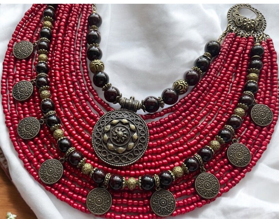 Red Ukrainian beaded jewelry Necklace, Ethnic Jewelry, Beaded Multirow Necklace, Unique Gift, Authentic Design, Folk Art, Necklace Accessory