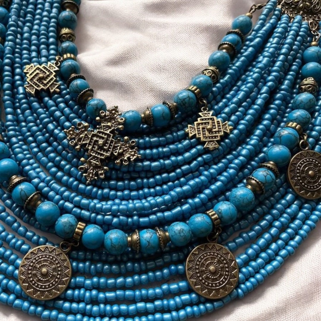 Ukrainian Folk Multirow Necklace with Glass Beads & Metal Owl Pendant