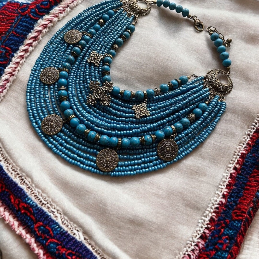 Ukrainian Folk Multirow Necklace with Glass Beads & Metal Owl Pendant