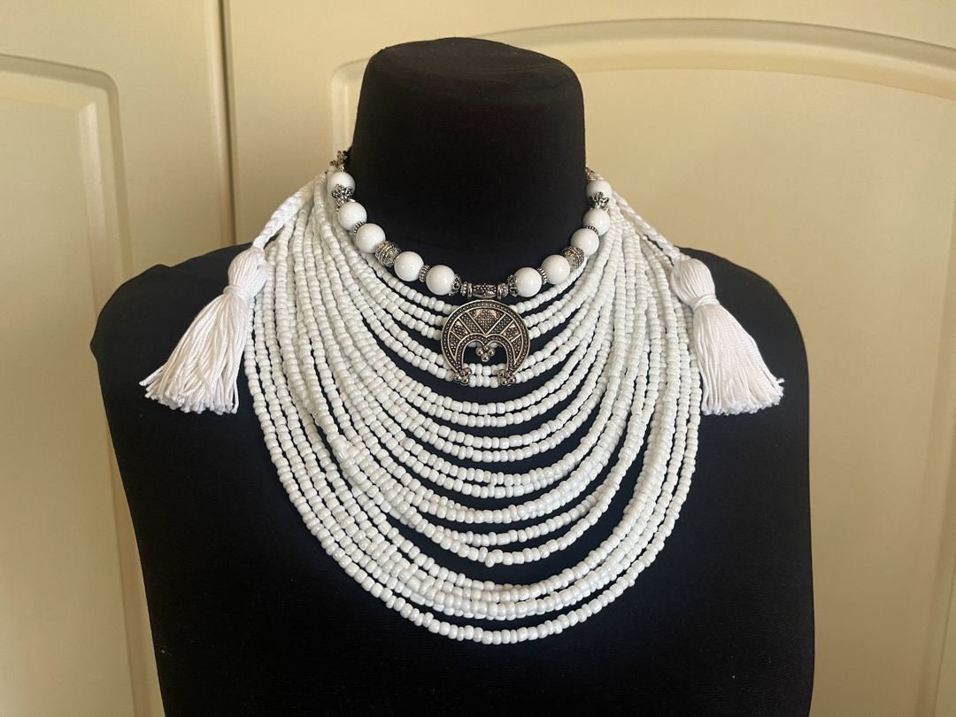 White Ukrainian Traditional Multirow Necklace and Earrings Set with Glass Beads and Moon Pendant
