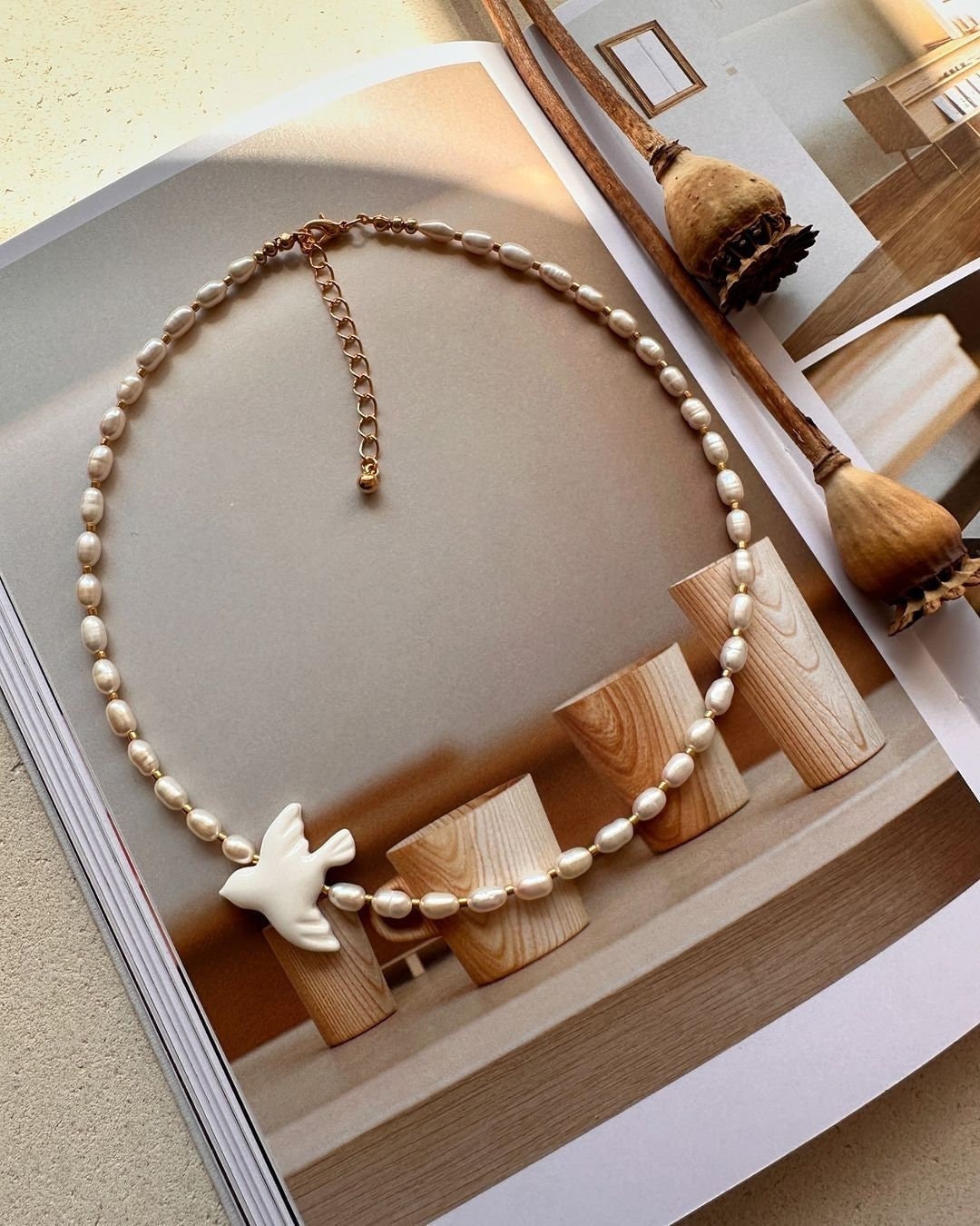 2025 Handmade Bird Necklace with Natural Pearls - Ukrainian Folk Art Jewelry for Women