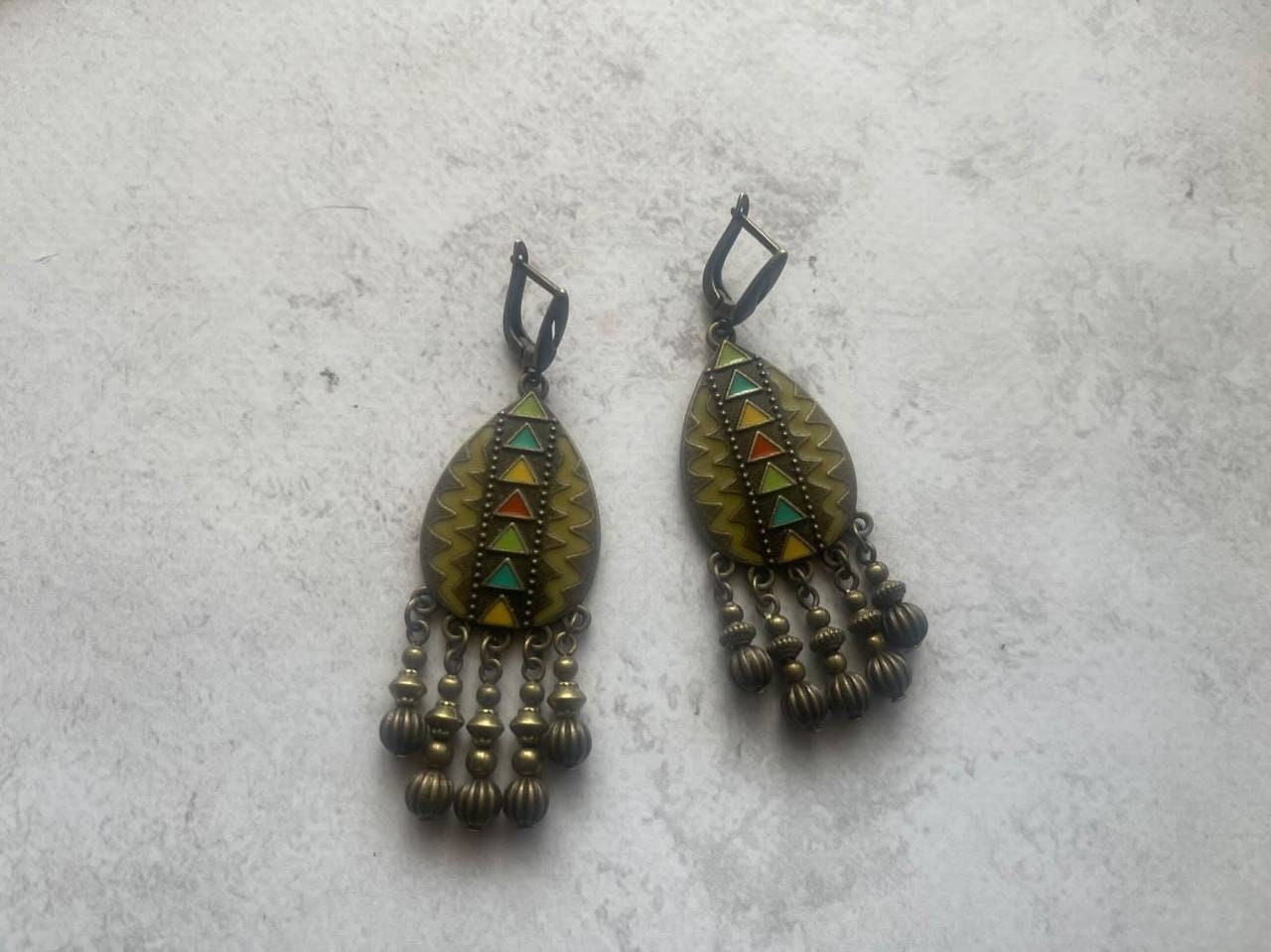 Ukrainian Traditional Green Multirow Necklace & Earrings Set with Glass Beads and Moon Pendant