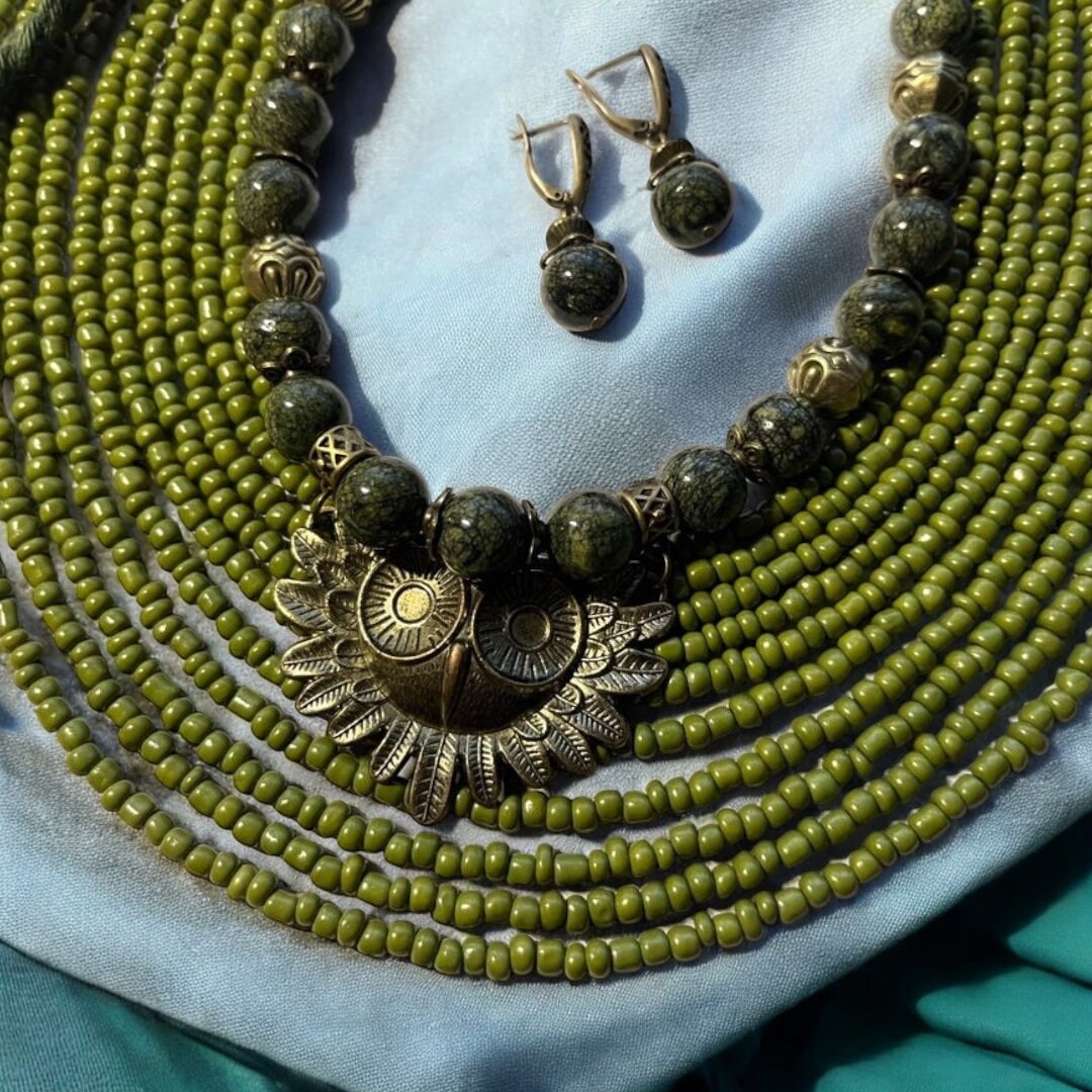 Ukrainian Folk Necklace with Glass Beads and Metal Owl Pendant - Authentic Ethnic Jewelry