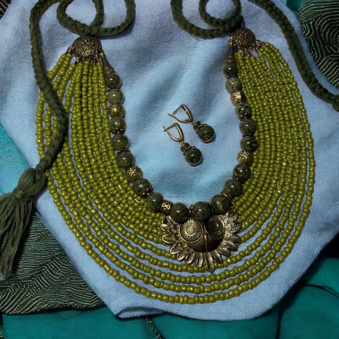 Ukrainian Folk Necklace with Glass Beads and Metal Owl Pendant - Authentic Ethnic Jewelry