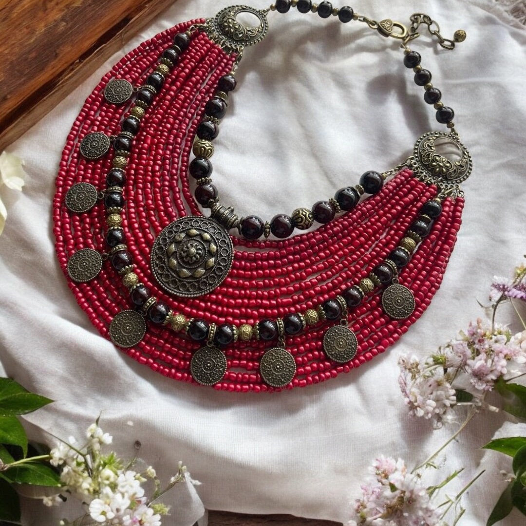 Red Ukrainian beaded jewelry Necklace, Ethnic Jewelry, Beaded Multirow Necklace, Unique Gift, Authentic Design, Folk Art, Necklace Accessory