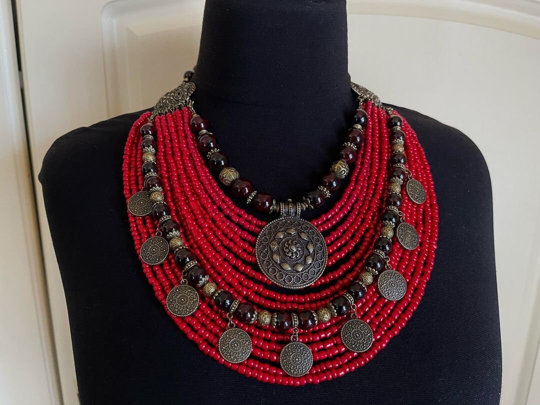 Red Ukrainian beaded jewelry Necklace, Ethnic Jewelry, Beaded Multirow Necklace, Unique Gift, Authentic Design, Folk Art, Necklace Accessory