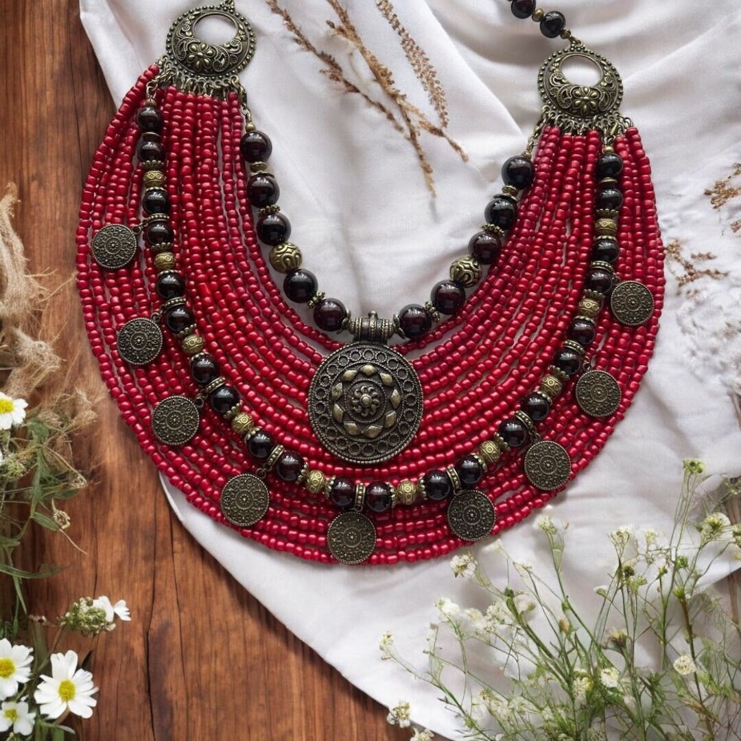 Red Ukrainian beaded jewelry Necklace, Ethnic Jewelry, Beaded Multirow Necklace, Unique Gift, Authentic Design, Folk Art, Necklace Accessory