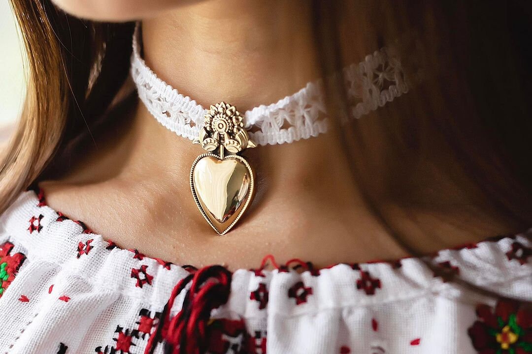 Folk Ukrainian Heart Pendant Necklace - Ethnic Dukach Jewellery from Ukraine