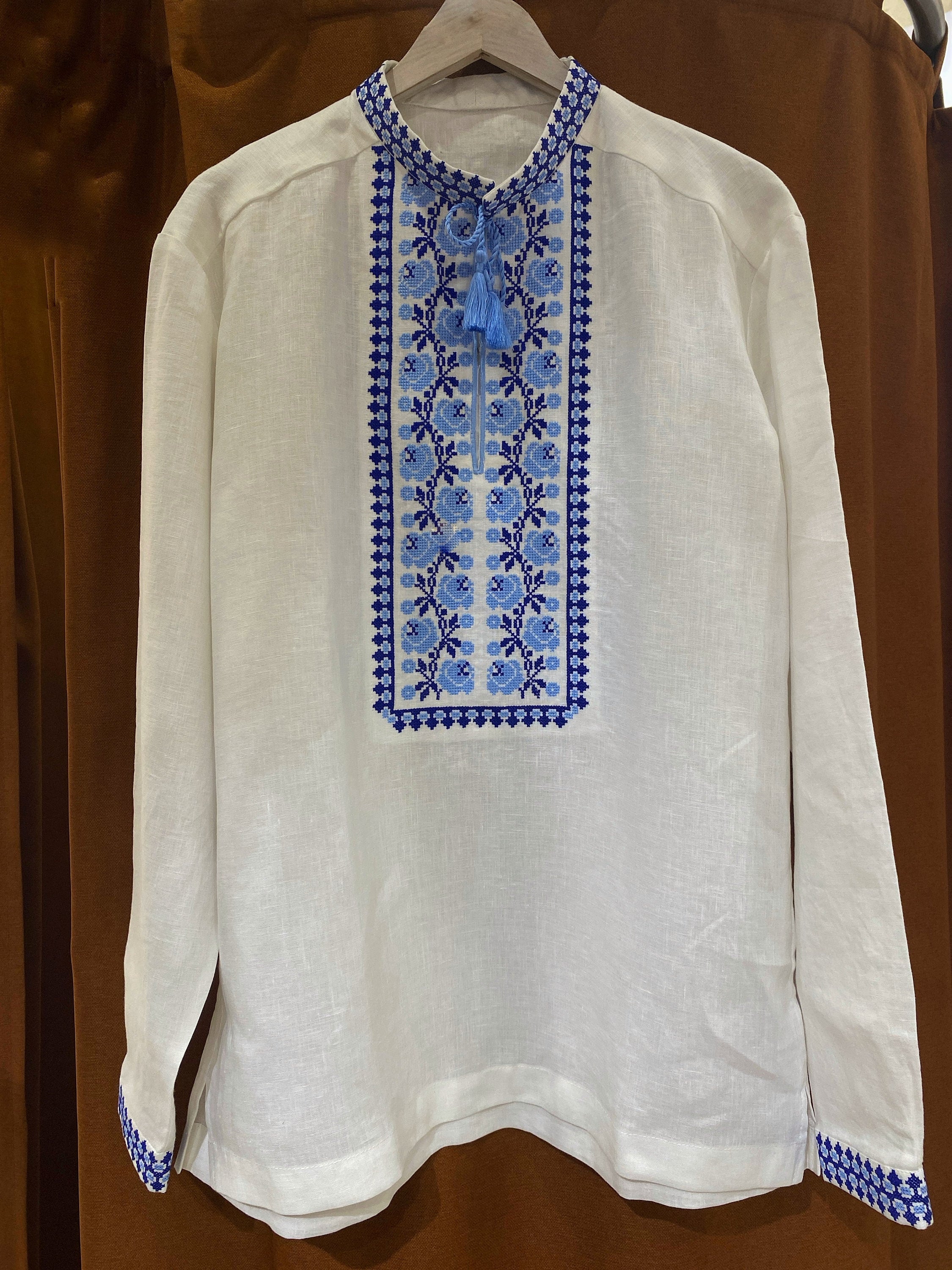 Men's White Linen Vyshyvanka Shirt with Blue Embroidery