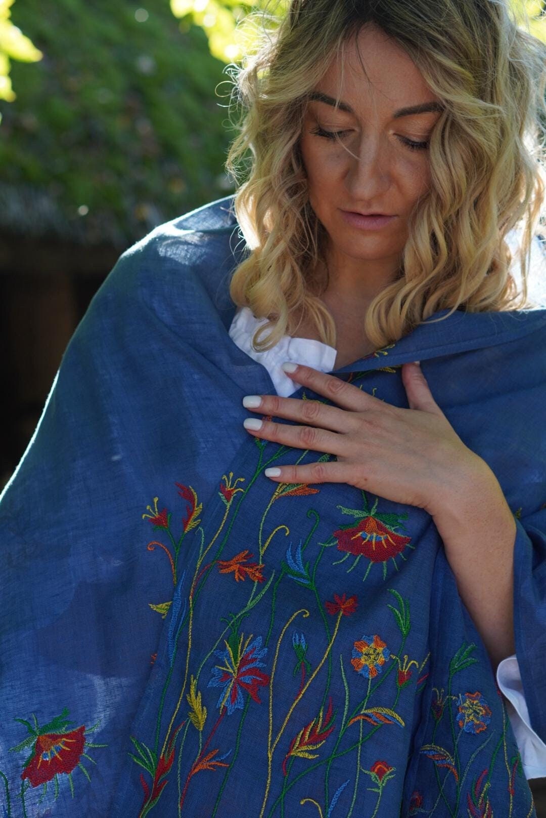 Blue Embroidered Ukrainian shawl,Traditional Ukrainian, bohemian scarf flower, Ukrainian clothings