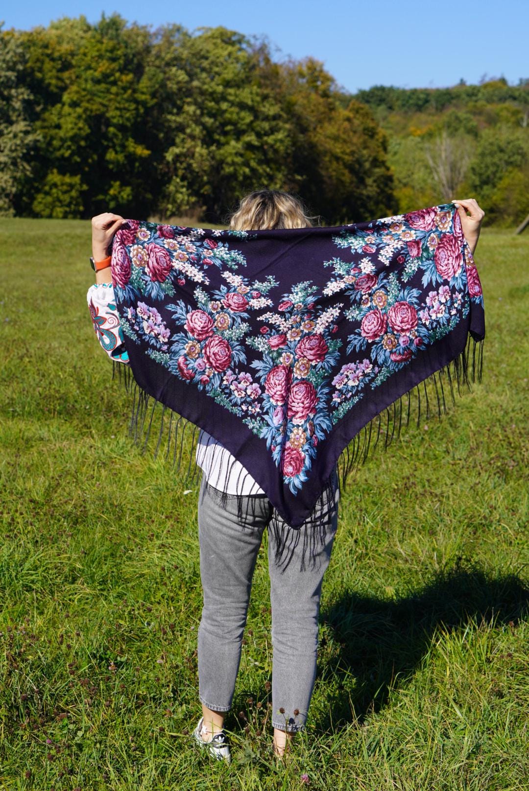 Wool 80% Dark Blue Bohemian shawl Gift for EasterUkrainian Shawl Word of Love,Traditional scarf Large Ethnic shawl châle ukrainien