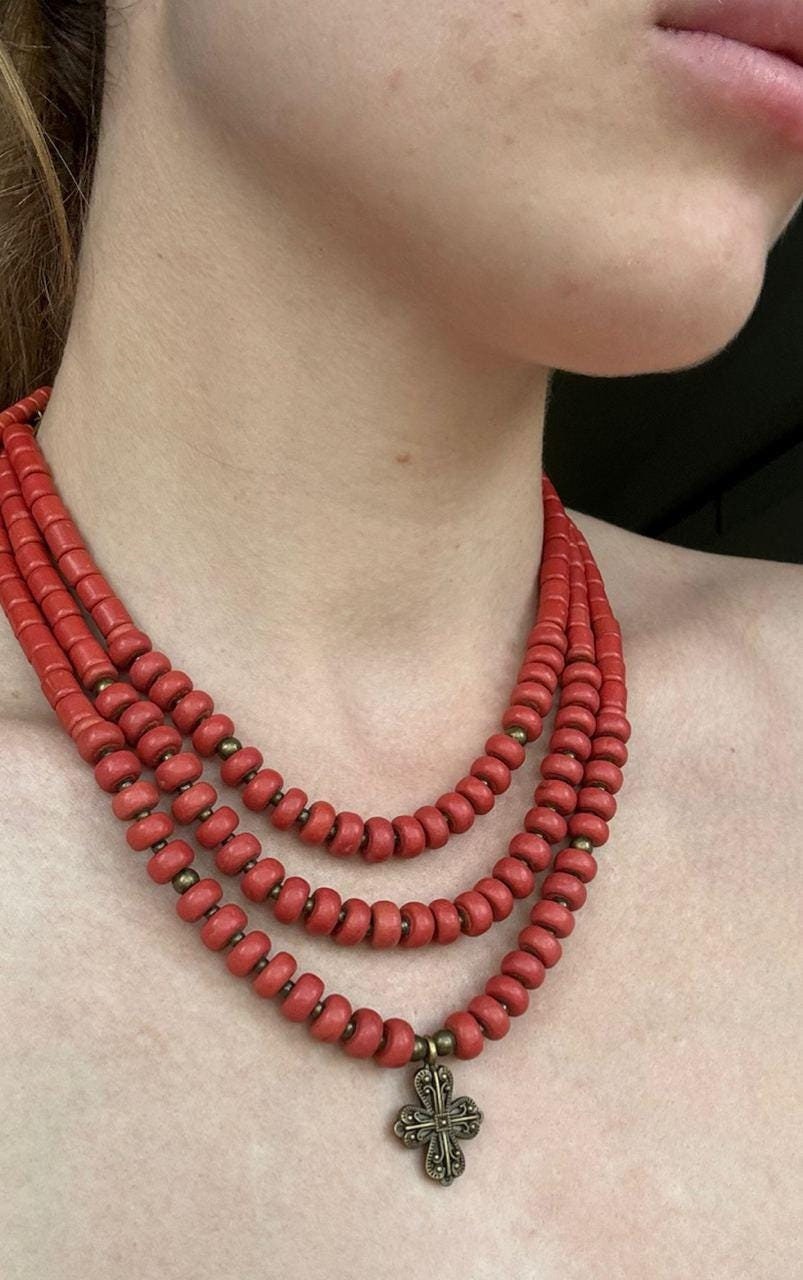 Red Necklace  Ukrainian Traditional Jewelry Ethnic ceramics Multirow Necklace  Gift for Her