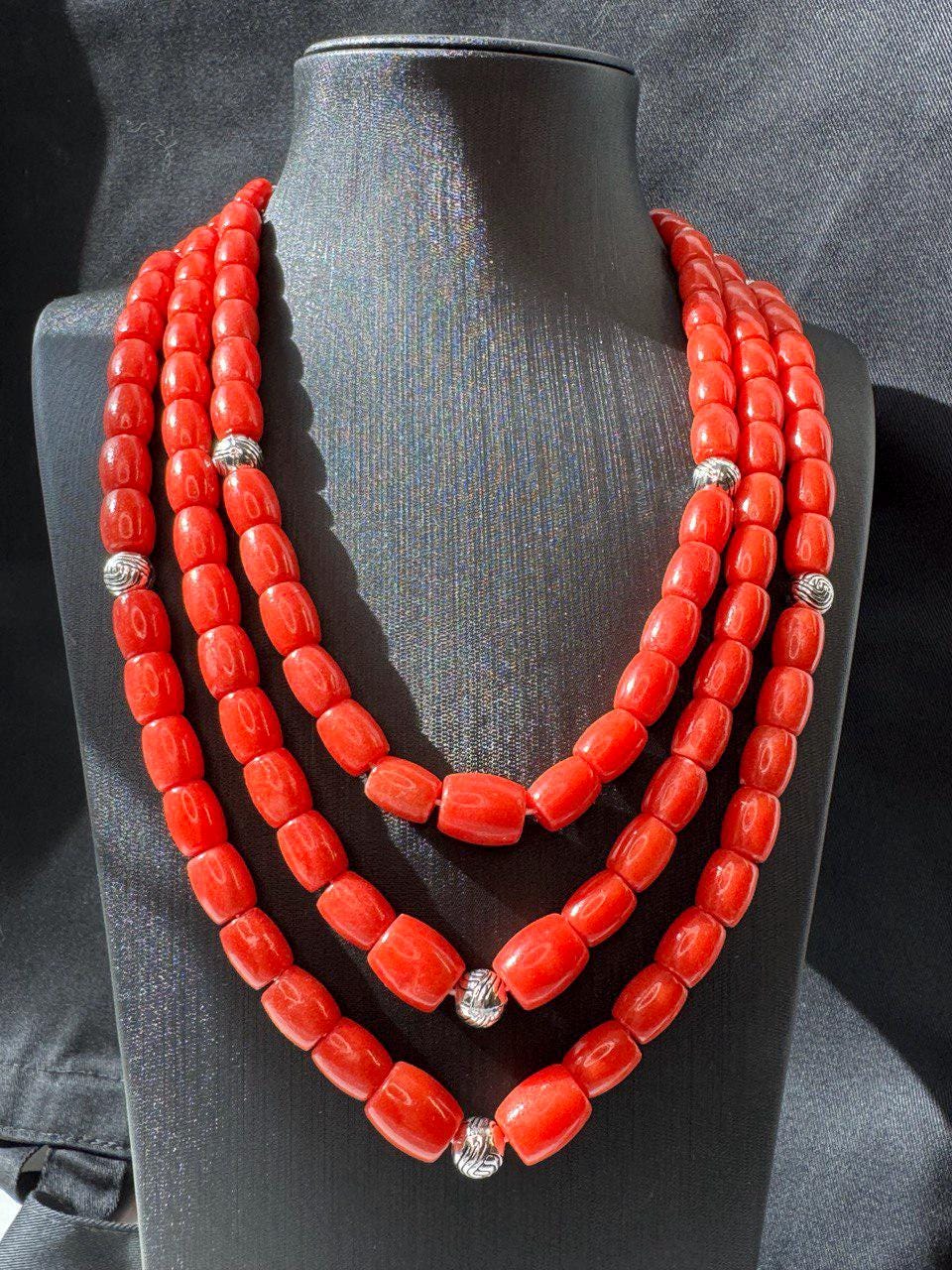 Red Ukrainian Traditional necklace Jewelry Ethnic ceramics Multirow Necklace of Natural corals with contempt Gift for Her Gift for Wife