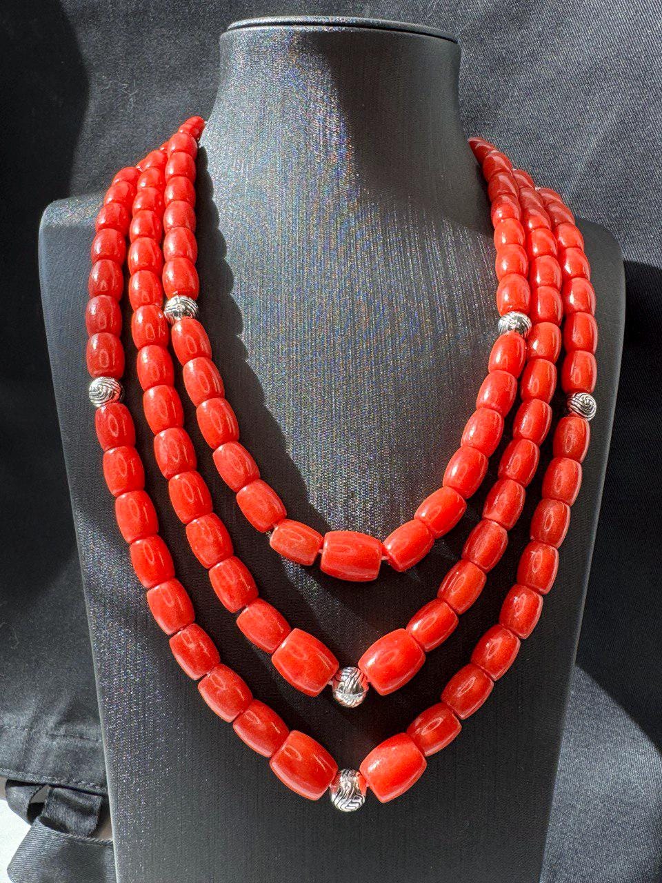 Red Ukrainian Traditional necklace Jewelry Ethnic ceramics Multirow Necklace of Natural corals with contempt Gift for Her Gift for Wife