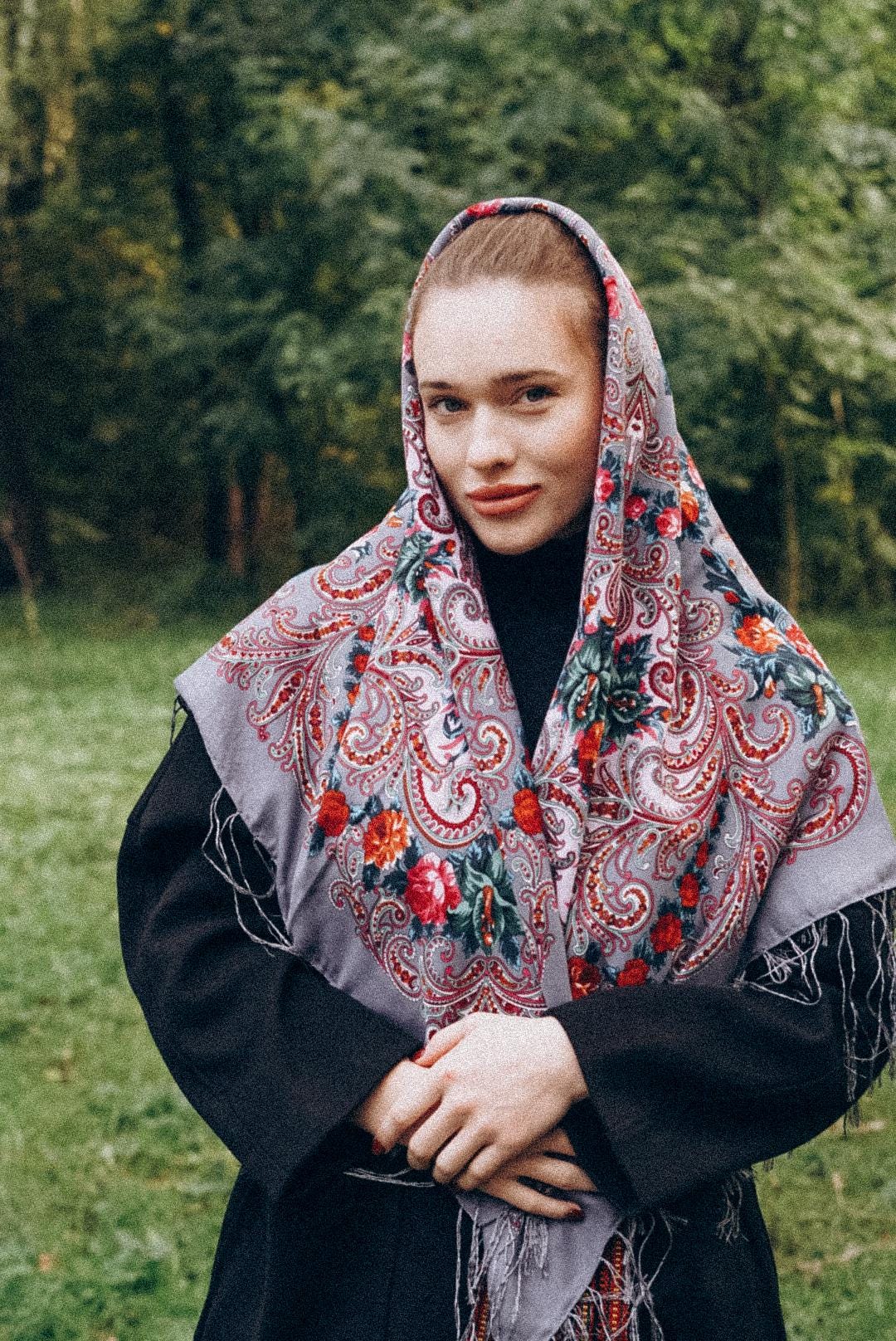 Gray Shawl Wool 80% Bohemian shawl with roses,Gift for Mom,Ukrainian Word of Love,Traditional scarf Large Ethnic châle ukrainien