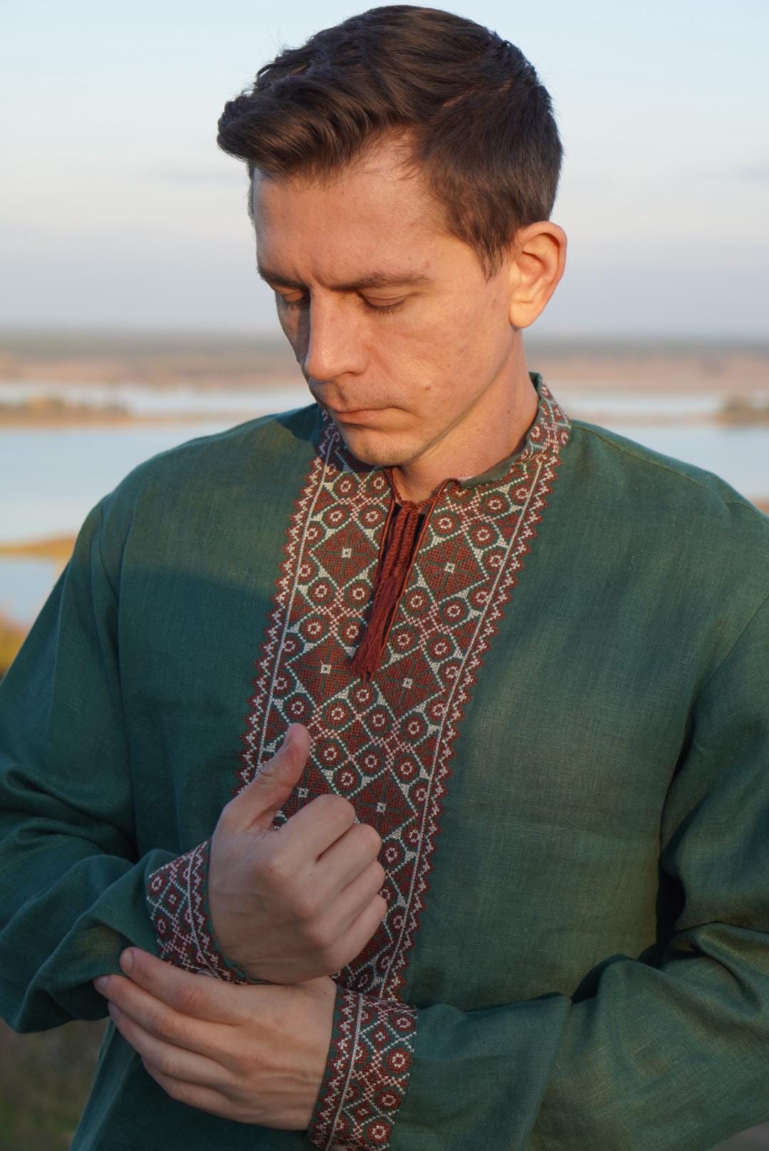 Green Linen Folk Shirt, Ethnic Embroidered shirt Ukrainian shirt For Men, Men's Embroidered Traditional, folk costume shirt, Boho shirt