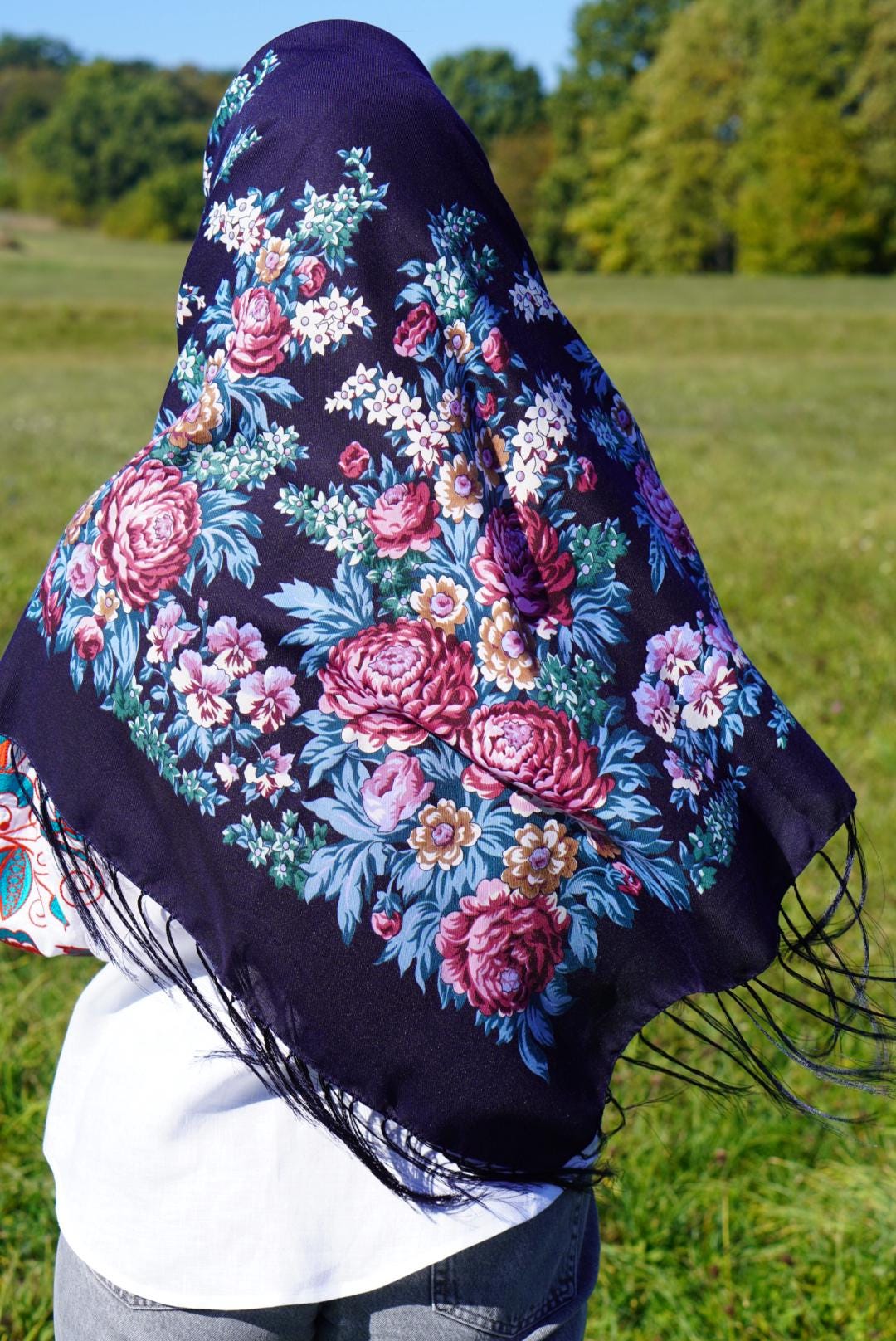 Wool 80% Dark Blue Bohemian shawl Gift for EasterUkrainian Shawl Word of Love,Traditional scarf Large Ethnic shawl châle ukrainien