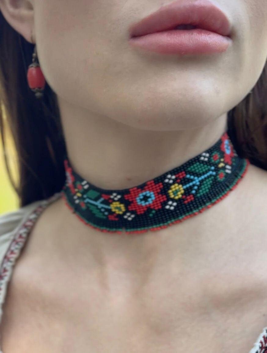 SYLYANKA BLACK seed bead necklace Ukrainian Gerdan, Beaded Czech Vyshyvanka Sylyanka-collar author's work Traditional Ukraine Handmade