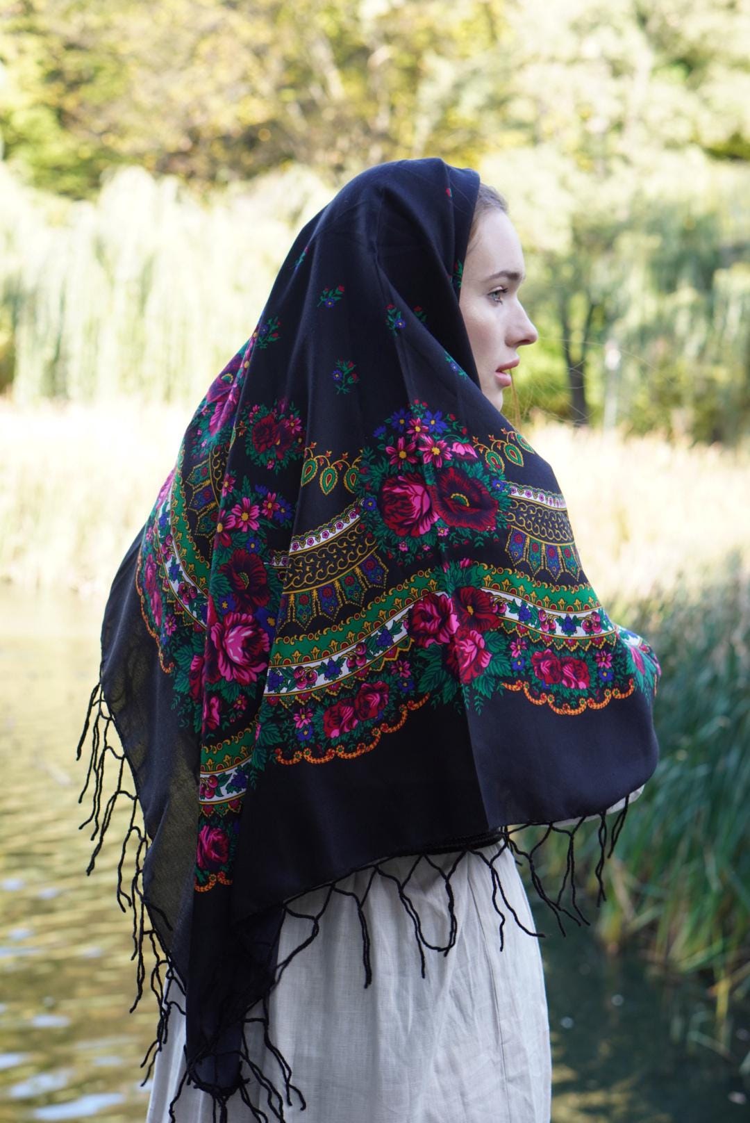 Black Shawl Bohemian shawl with roses, Gift for Mom, Ukrainian Word of Love, Traditional scarf Large Ethnic  châle ukrainien EasterGift