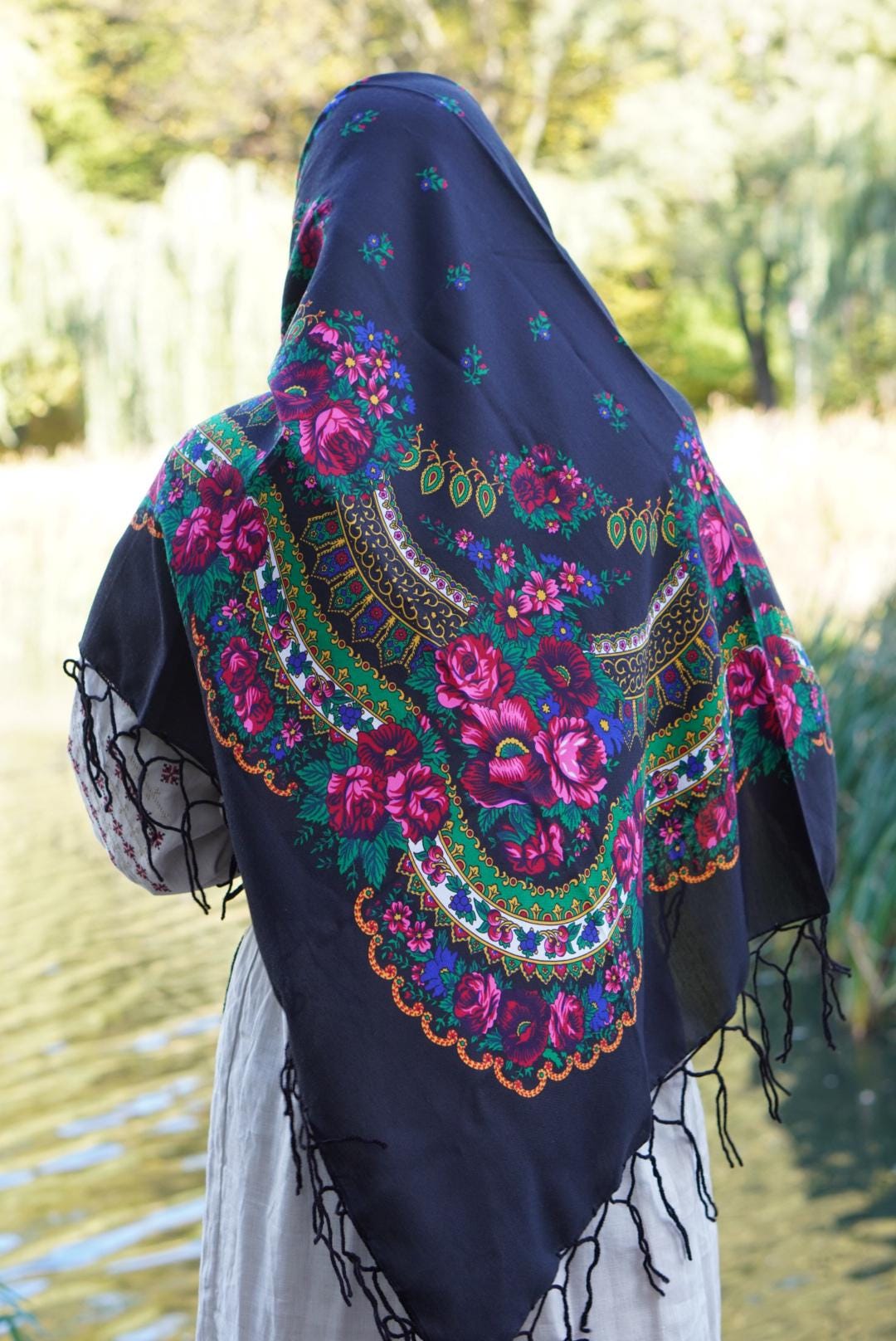 Black Shawl Bohemian shawl with roses, Gift for Mom, Ukrainian Word of Love, Traditional scarf Large Ethnic  châle ukrainien EasterGift