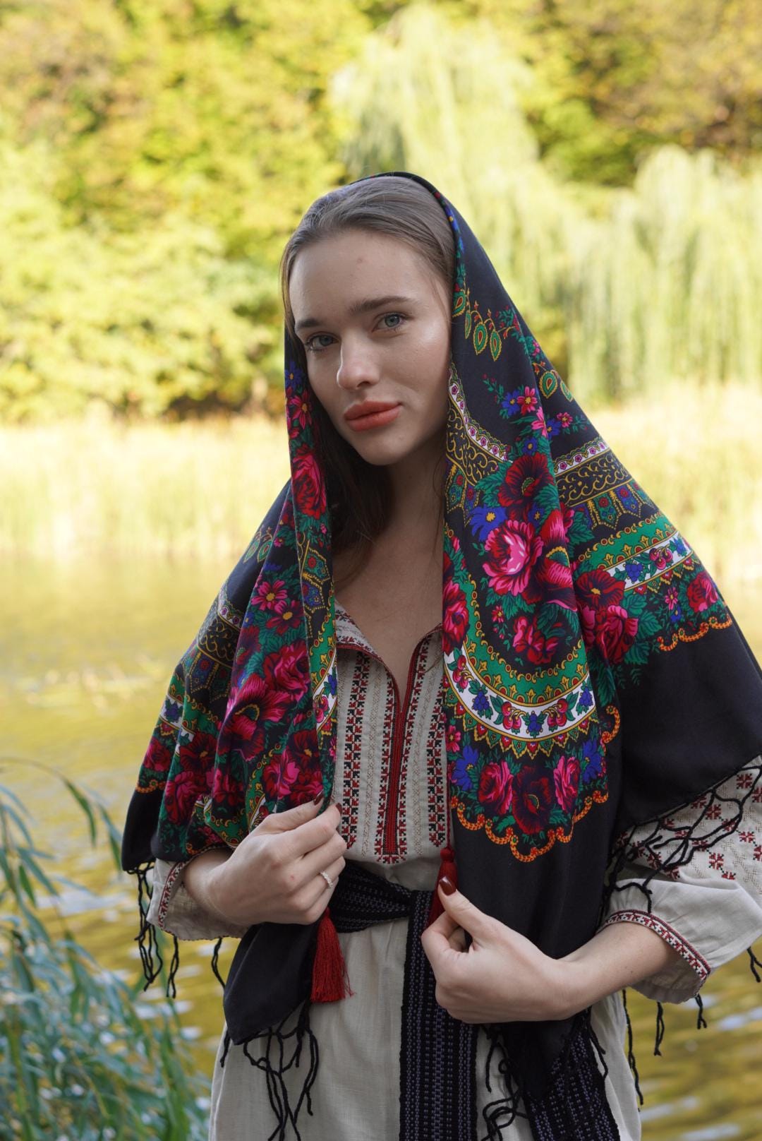Black Shawl Bohemian shawl with roses, Gift for Mom, Ukrainian Word of Love, Traditional scarf Large Ethnic  châle ukrainien EasterGift