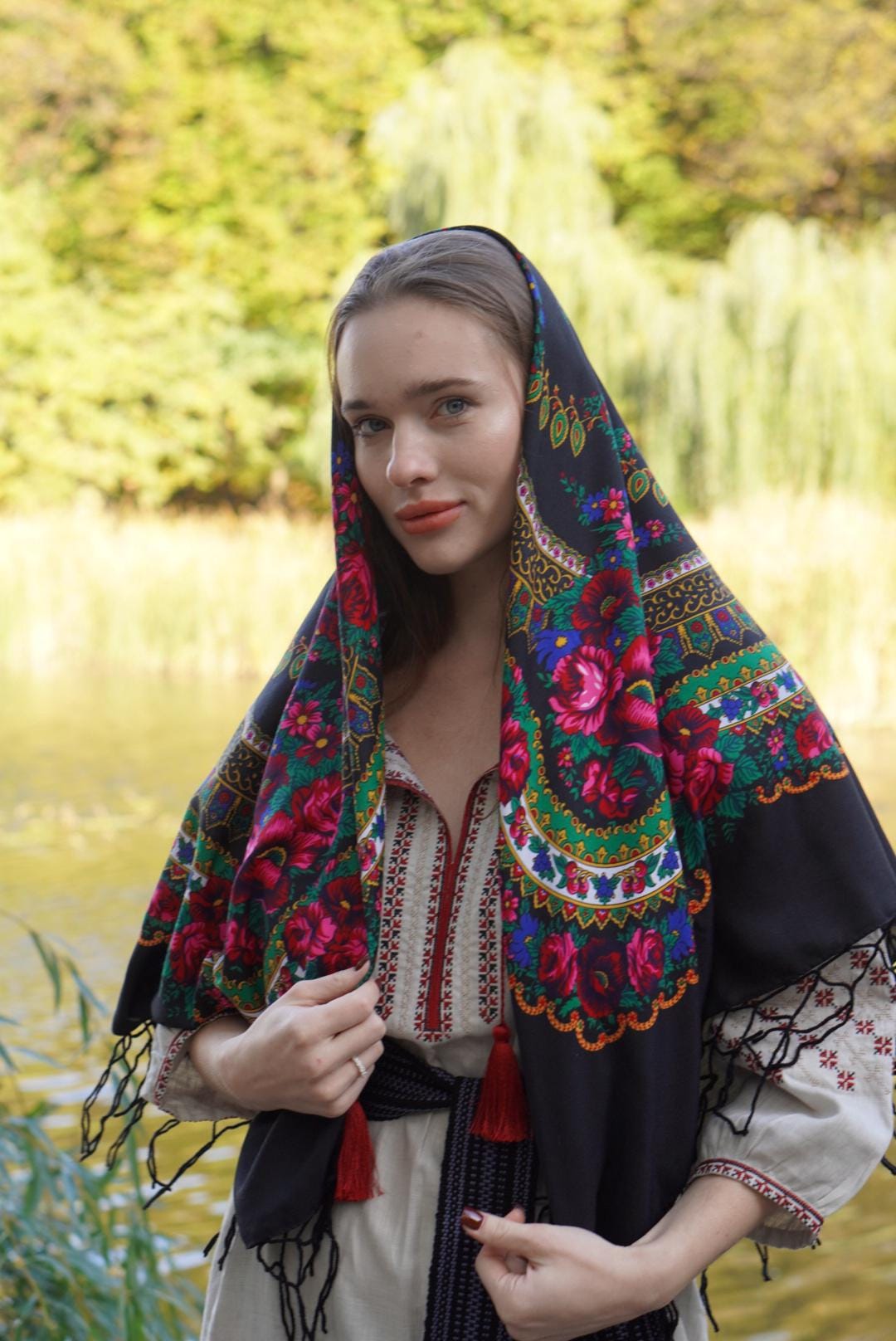 Black Shawl Bohemian shawl with roses, Gift for Mom, Ukrainian Word of Love, Traditional scarf Large Ethnic  châle ukrainien EasterGift
