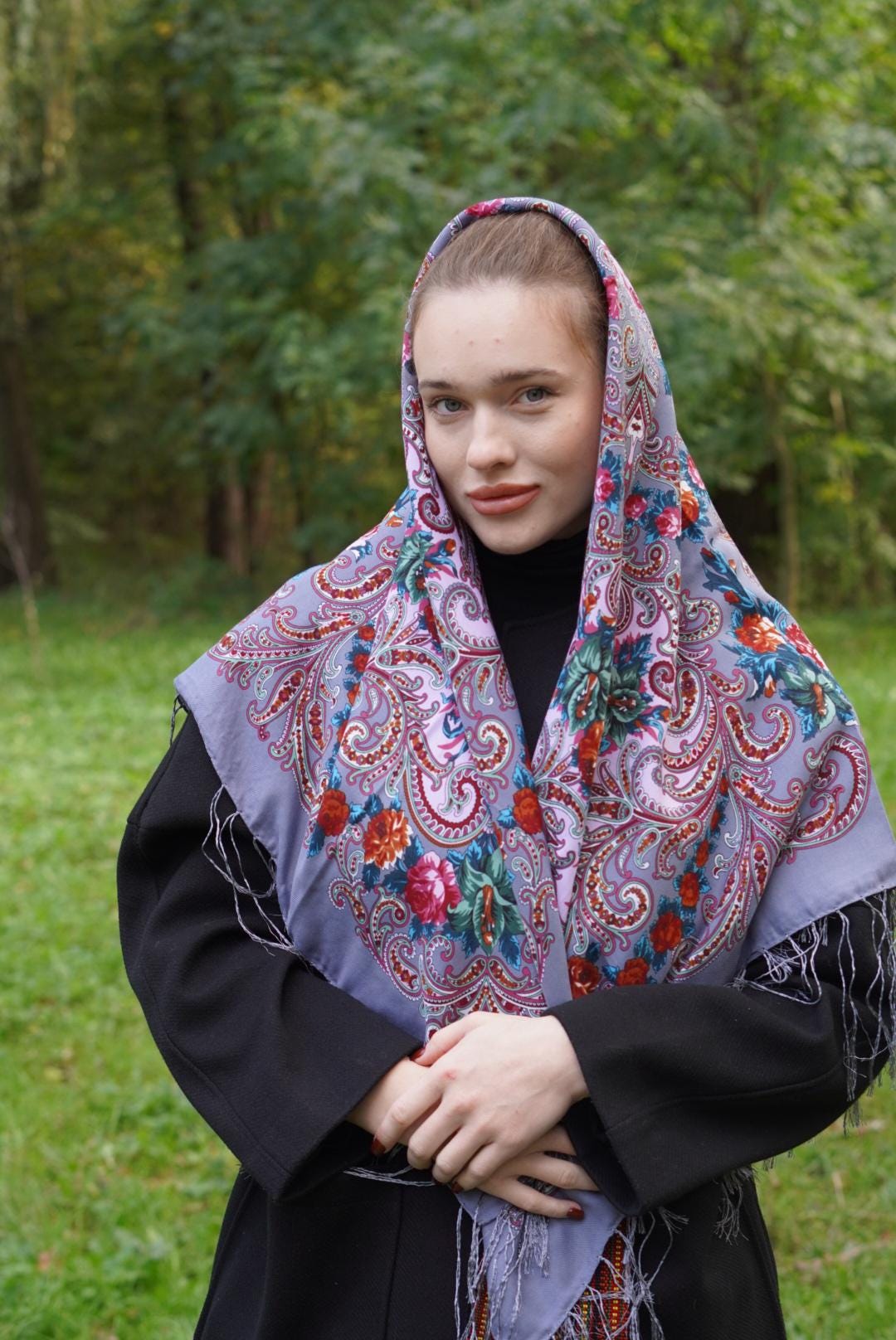 Gray Shawl Wool 80% Bohemian shawl with roses,Gift for Mom,Ukrainian Word of Love,Traditional scarf Large Ethnic châle ukrainien