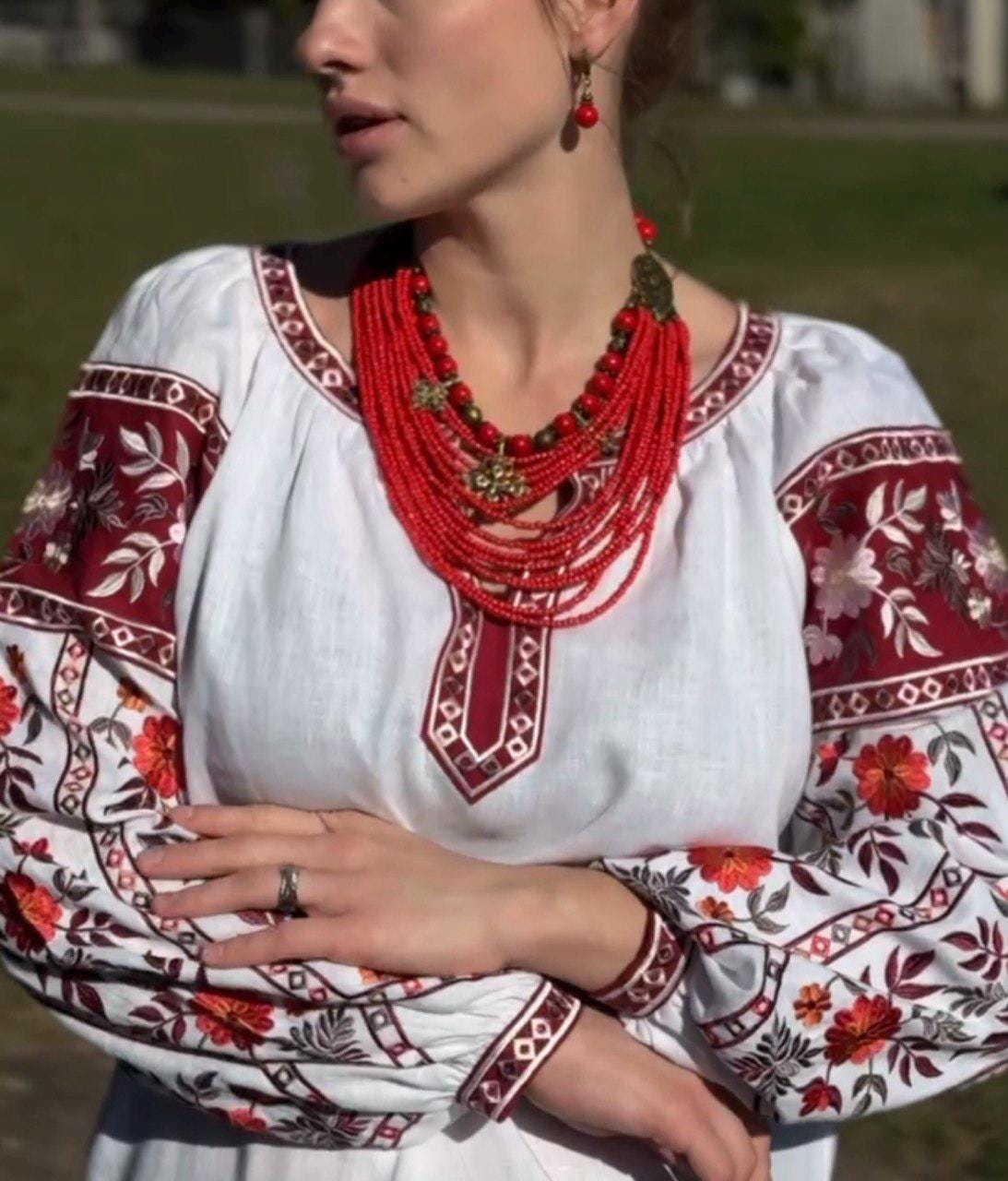Red Ukrainian Traditional Multirow Necklace of Antique Glass Beads - Ethnic Jewelry