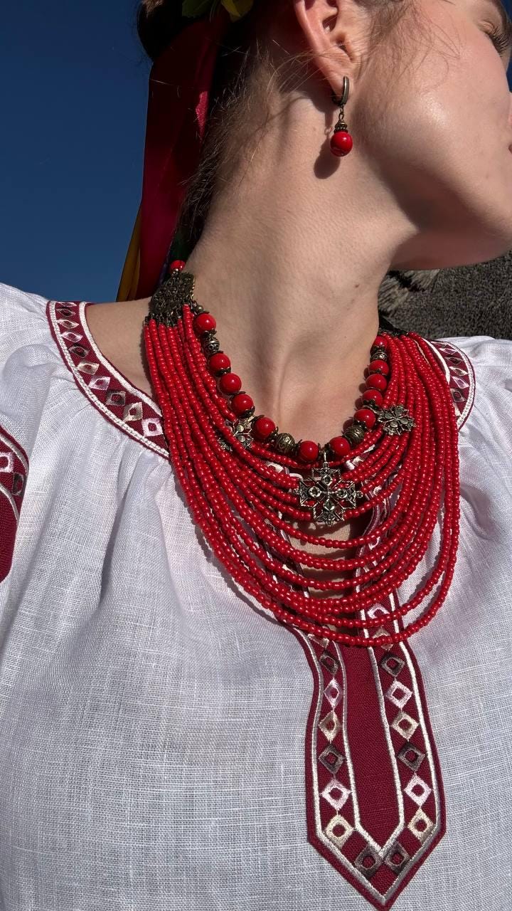 Red Ukrainian Traditional Multirow Necklace of Antique Glass Beads - Ethnic Jewelry