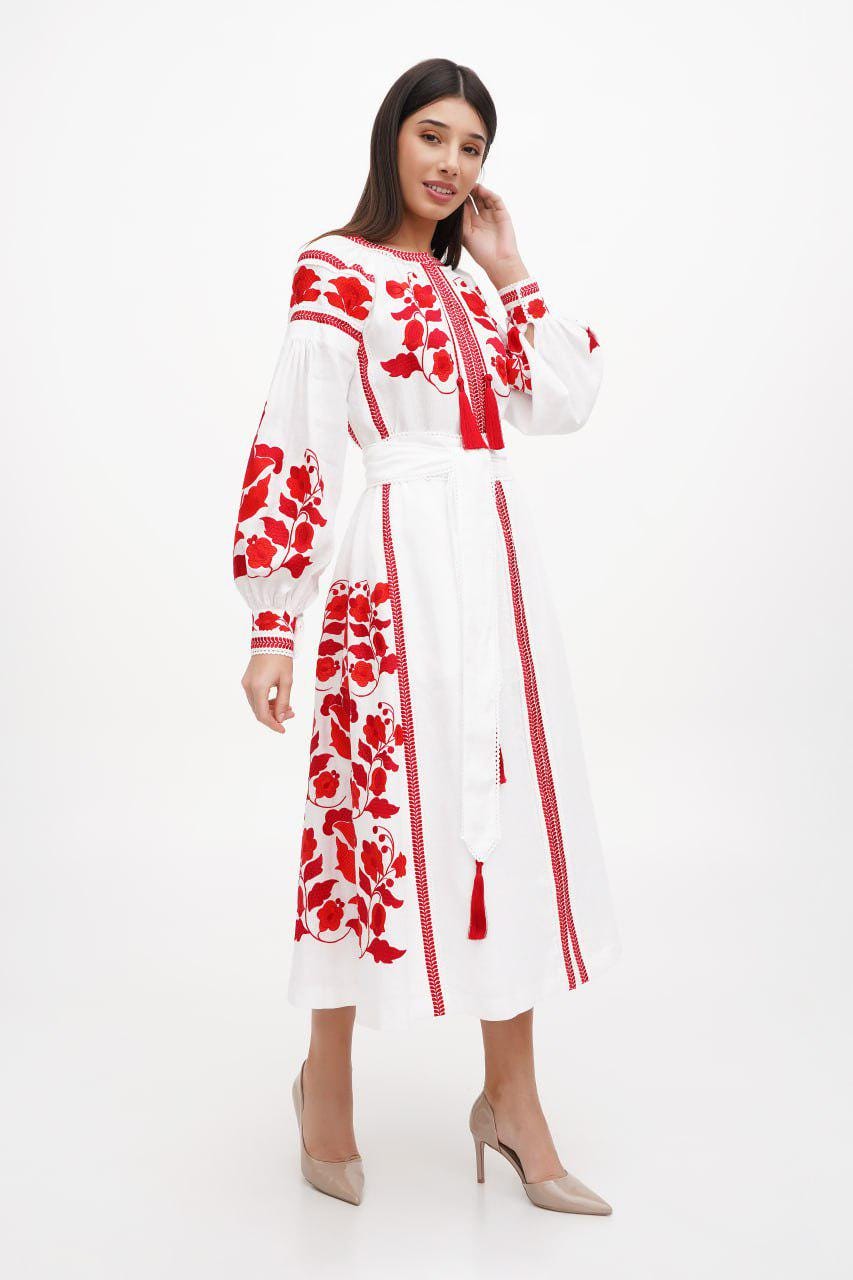 Ukrainian Vyshyvanka Linen Dress Red Embroidery Chic Boho Dress Exquisite Wedding Dress Perfect Bridesmaid Gift and Gift for Her Folk Style