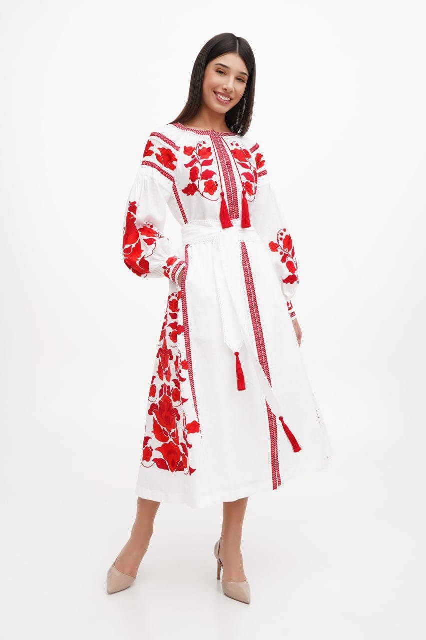 Ukrainian Vyshyvanka Linen Dress Red Embroidery Chic Boho Dress Exquisite Wedding Dress Perfect Bridesmaid Gift and Gift for Her Folk Style