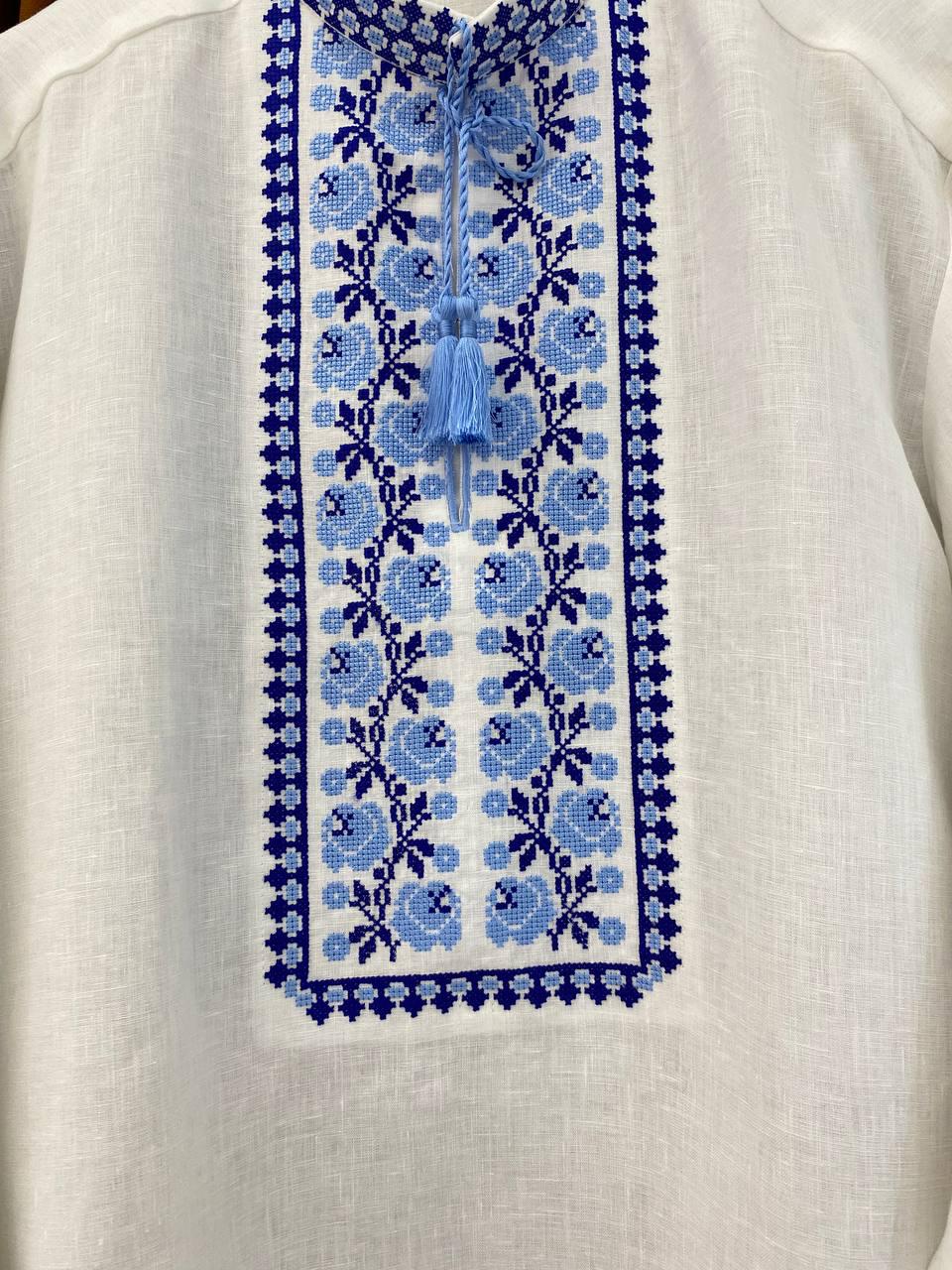 Men's White Linen Vyshyvanka Shirt with Blue Embroidery