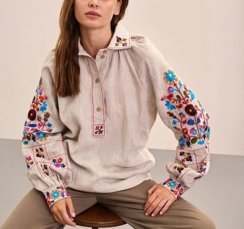 Ukrainian Vyshyvanka Blouse - Bohemian Embroidered Ethnic Shirt