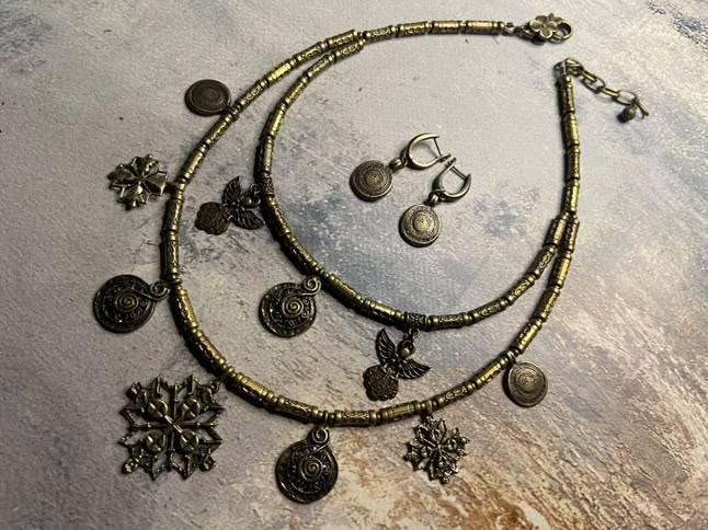 SET Metal Necklace + Earrings Ethnic Ukrainian necklace Traditional Jewelry Brass Pendants Cross Gift for Her Gift for Girl for Wife