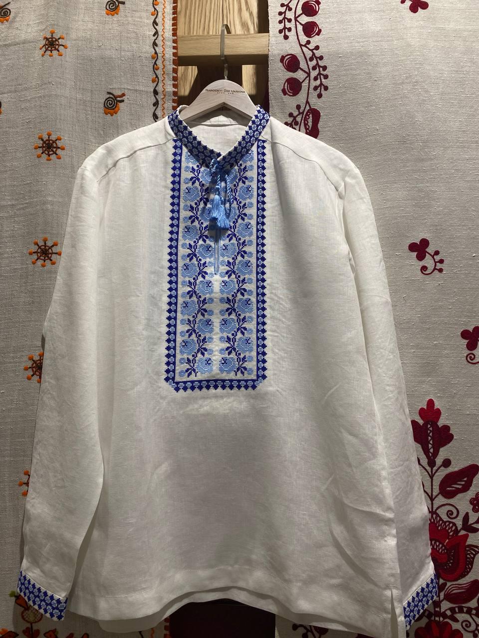 Men's White Linen Vyshyvanka Shirt with Blue Embroidery