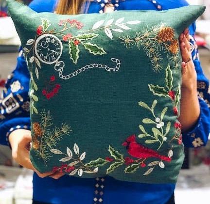 Green Embroidered Pillowcase 40 * 40 СМ,Linen pillowcase Home Decor Organic pillowcase Easter Bright embroidery ,Gift for mother MOTHERS DAY