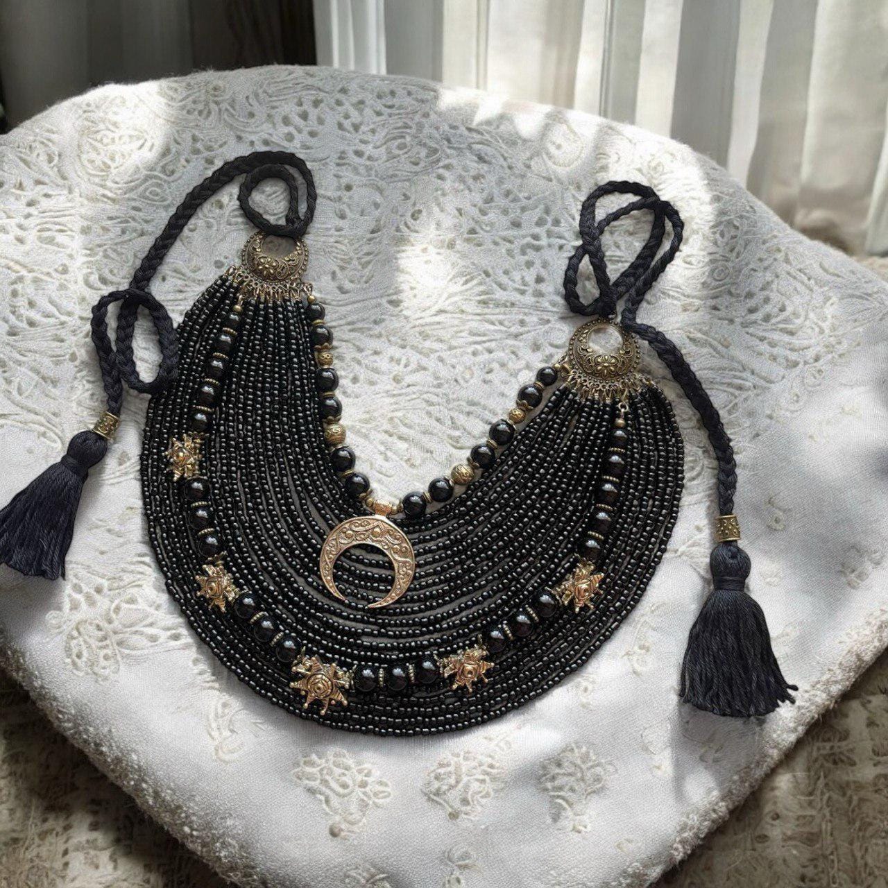 Black Ukrainian Traditional necklace Jewelry Ethnic Multirow Necklace of antique glass beads with contempt Gift for Her MOTHERS DAY